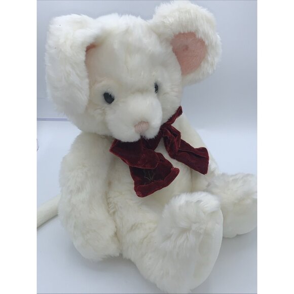 Russ Berrie Tic Toc Christmas Mouse w /Tags Festive Red Bow White Pink - Picture 1 of 9